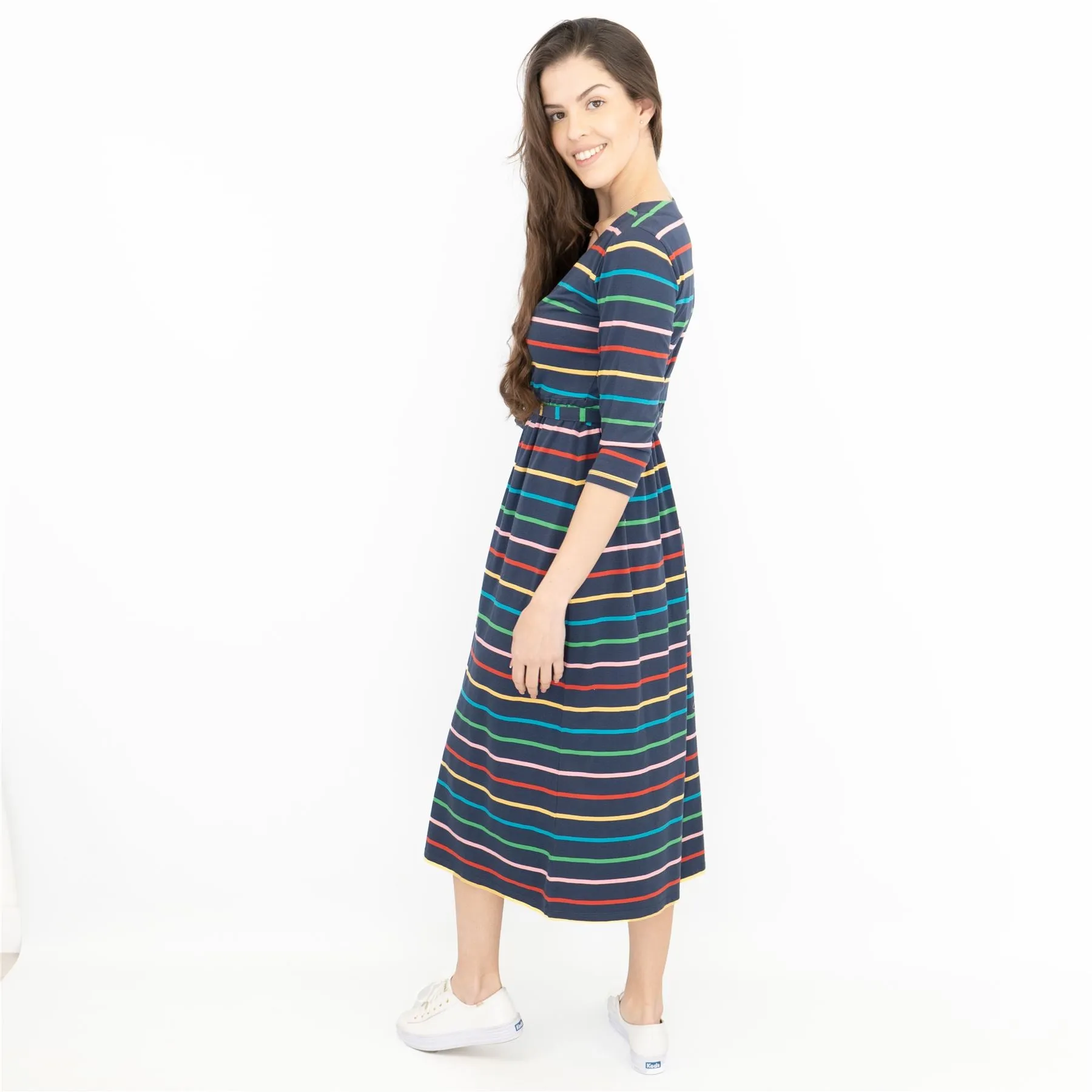 Frugi Rico Stripe Cross Wrap 3/4 Sleeve Maternity Nursing Midi Dress