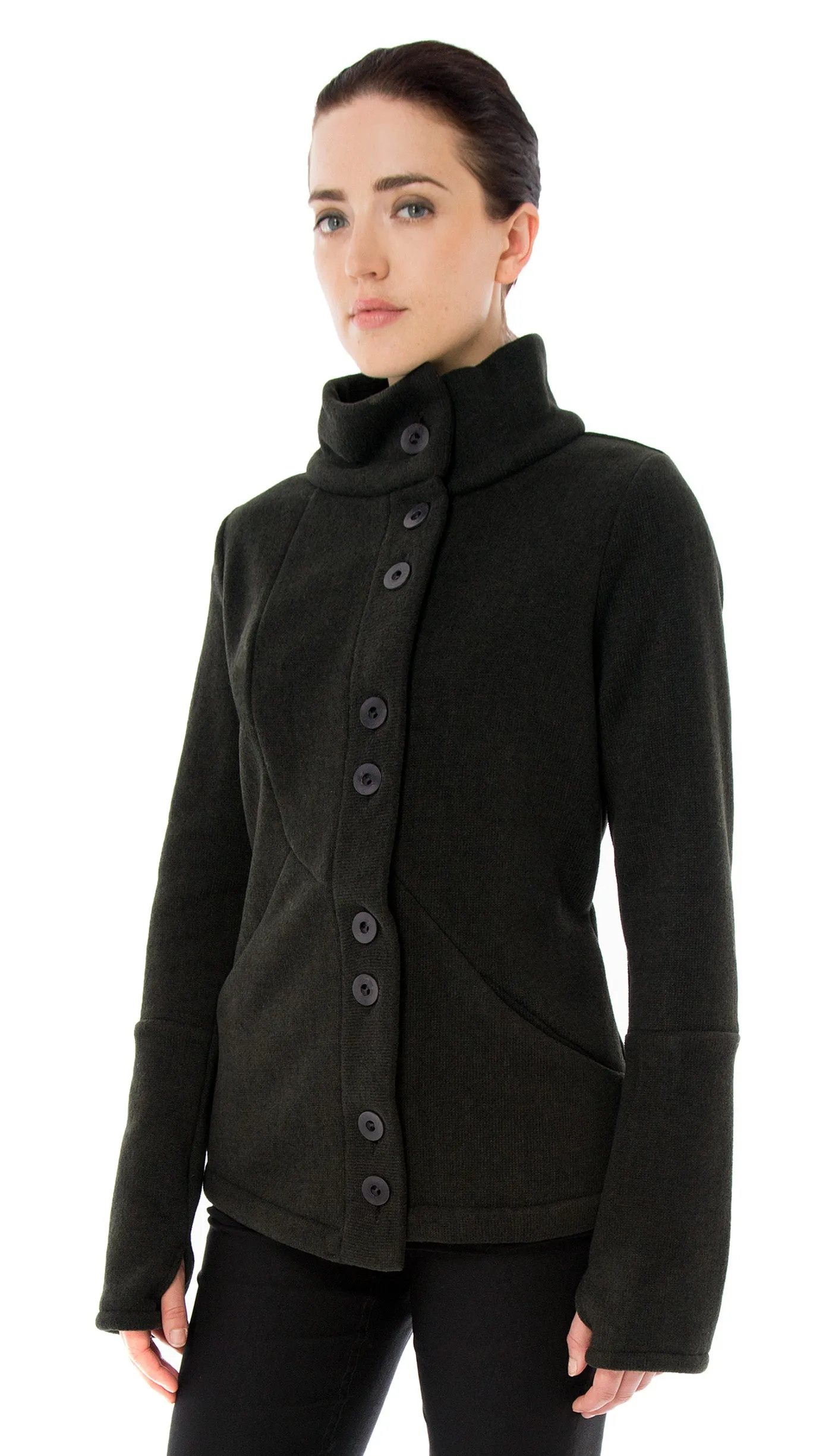 Funnel Neck Ribbed Fleece Cardigan Jacket: Bark