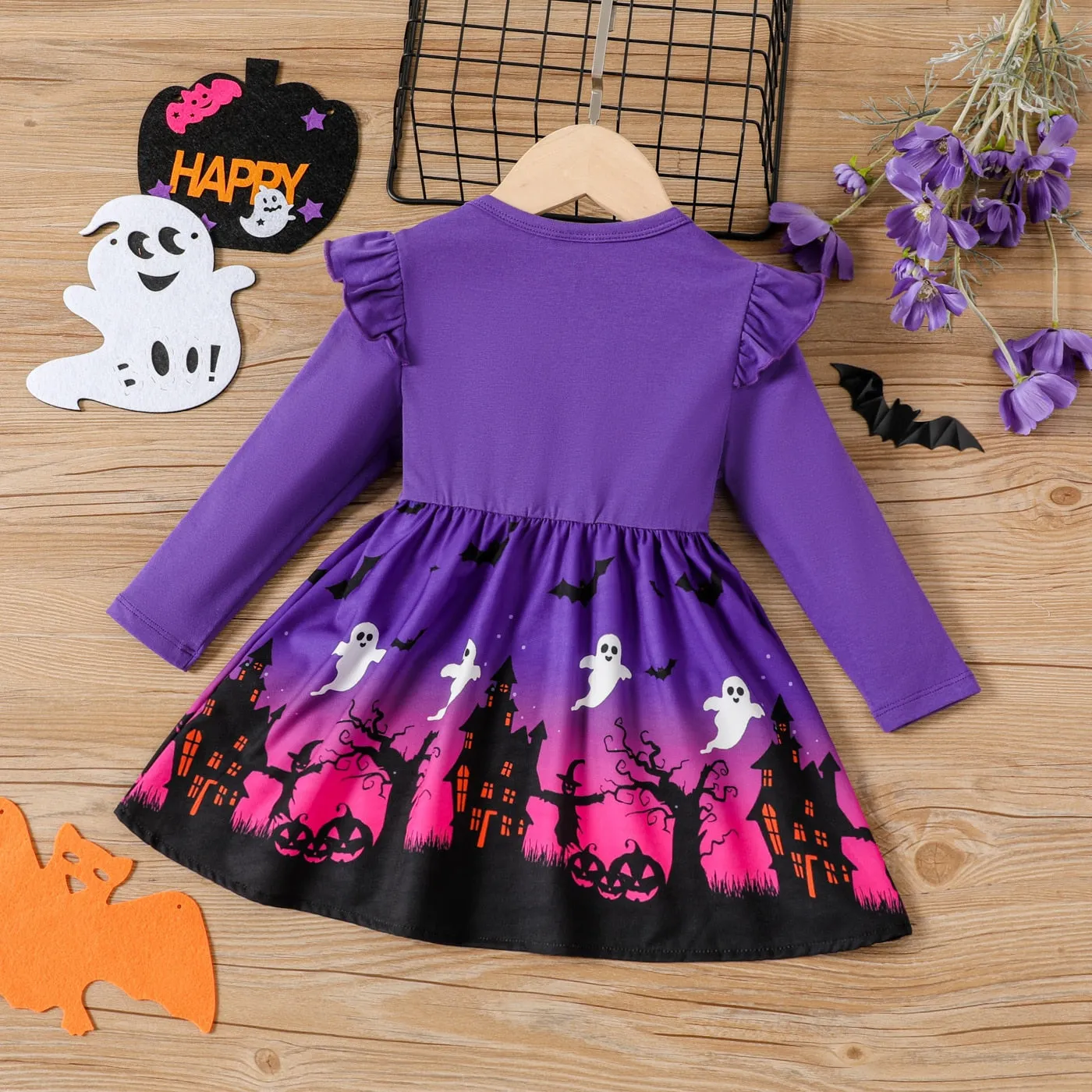 Girls Halloween Purple Flutter Long Sleeve Dress