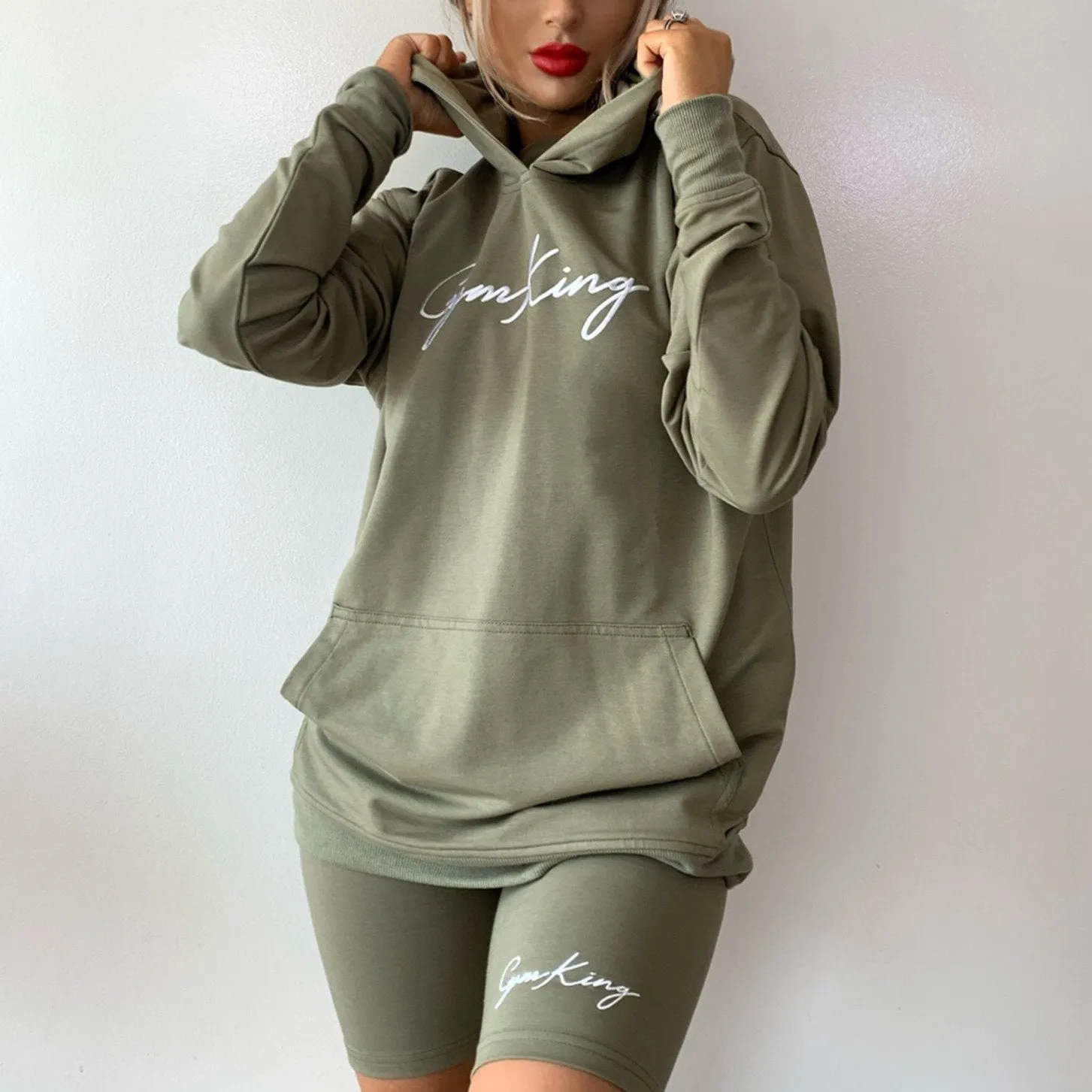 Gym King Script Boyfriend Hoodie - Light Khaki