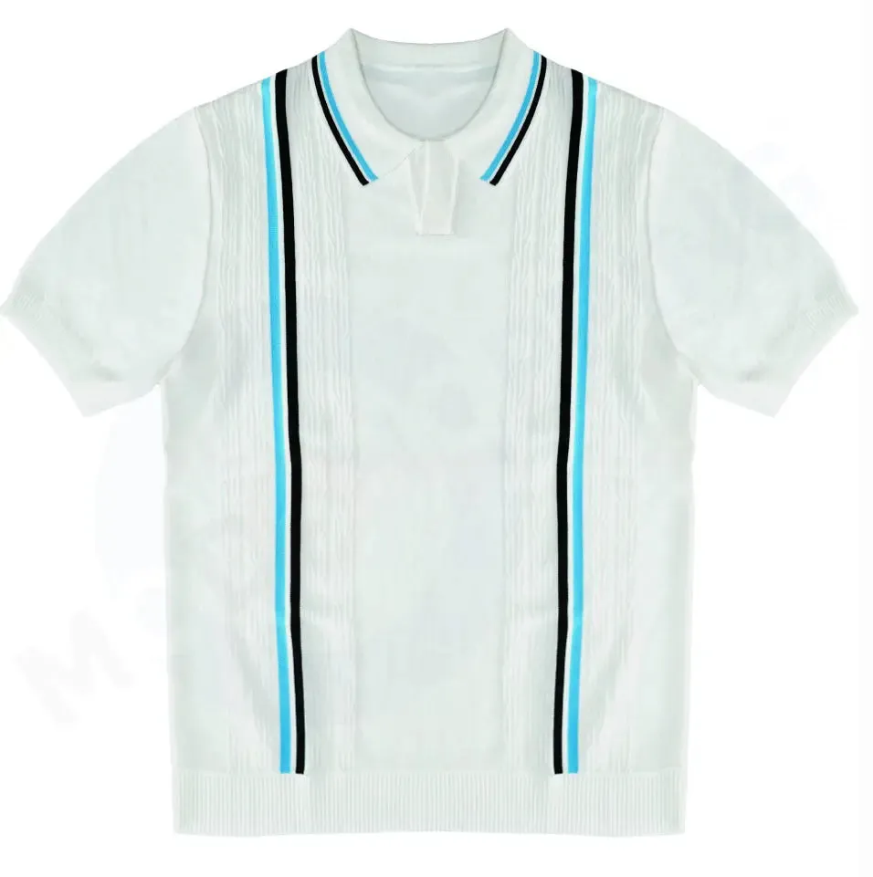 Knitwear - Black and White Stripe Tipped Collar Knitted Polo Shirt