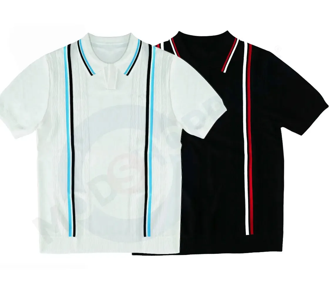 Knitwear - Black and White Stripe Tipped Collar Knitted Polo Shirt