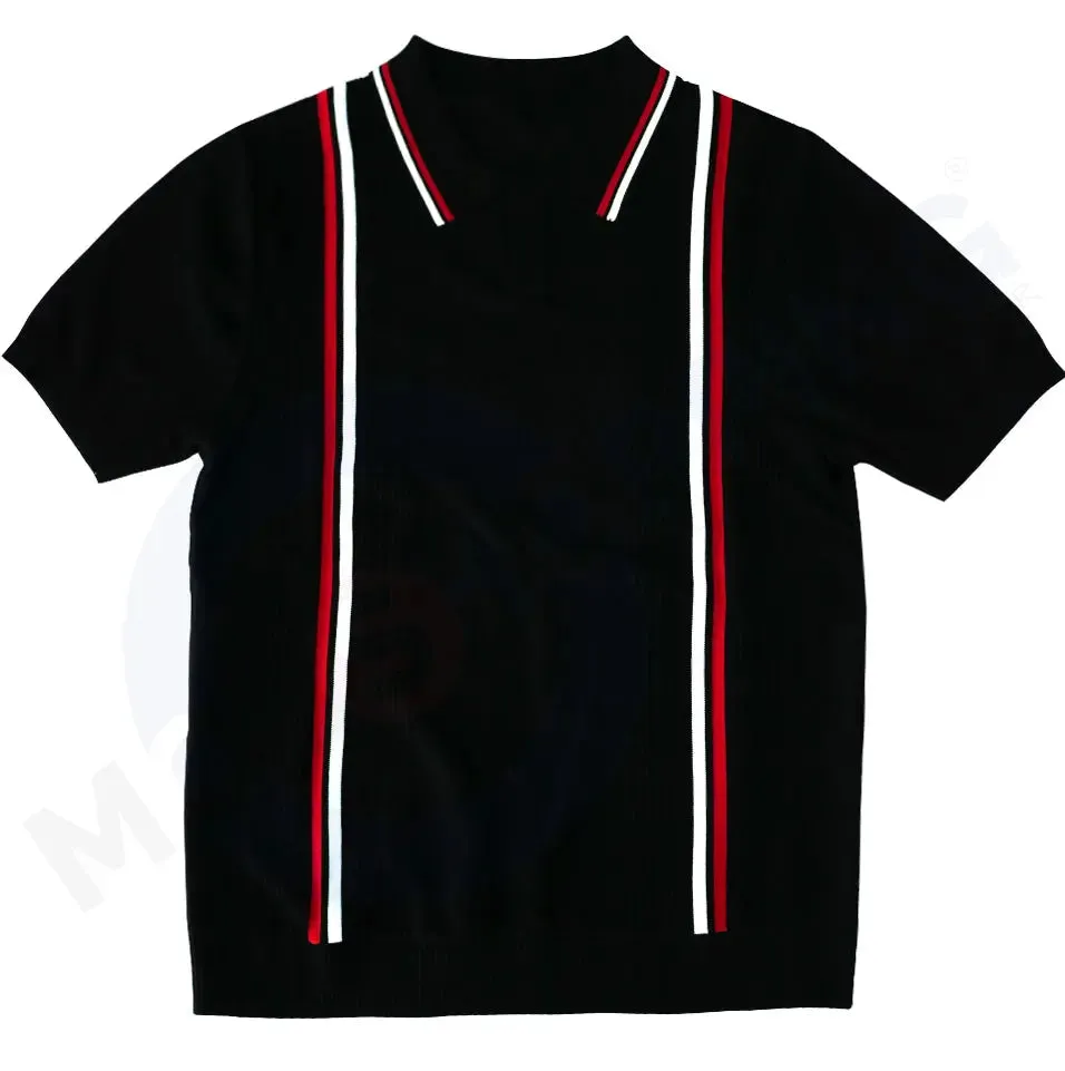 Knitwear - Black and White Stripe Tipped Collar Knitted Polo Shirt