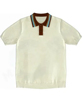 Knitwear - Cream Stripe Tipped Collar Knitted Polo Shirt