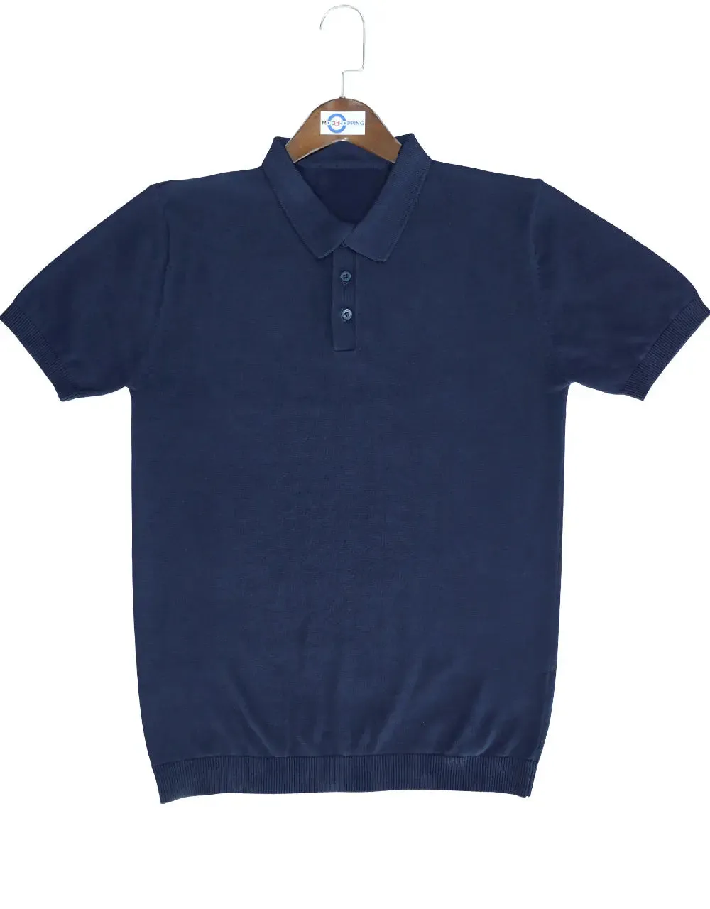 Knitwear - Nav Blue Knitted Short Sleeve Polo Shirt