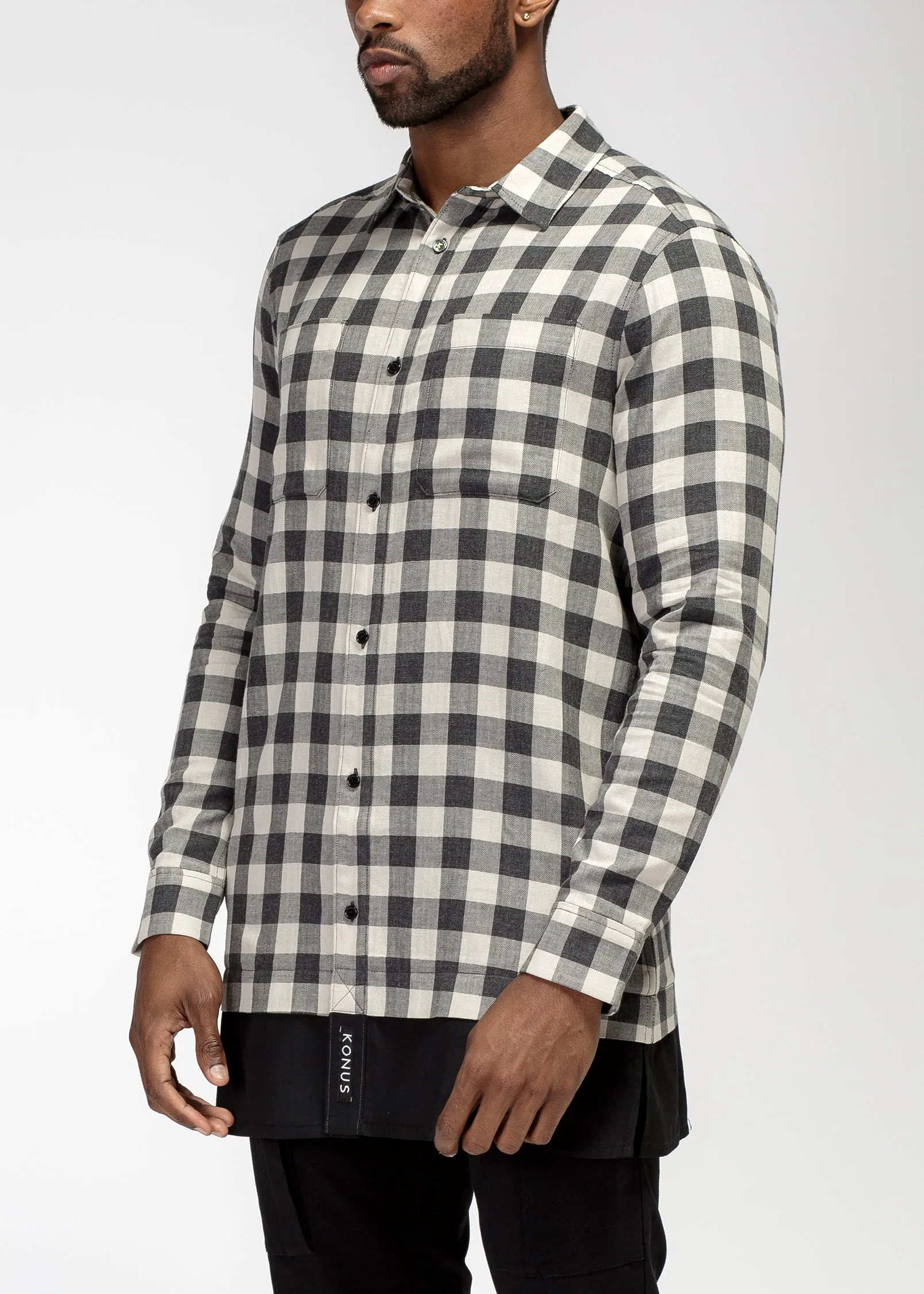 Konus Men's Longline Button up Shirt in Plaid in Charcoal