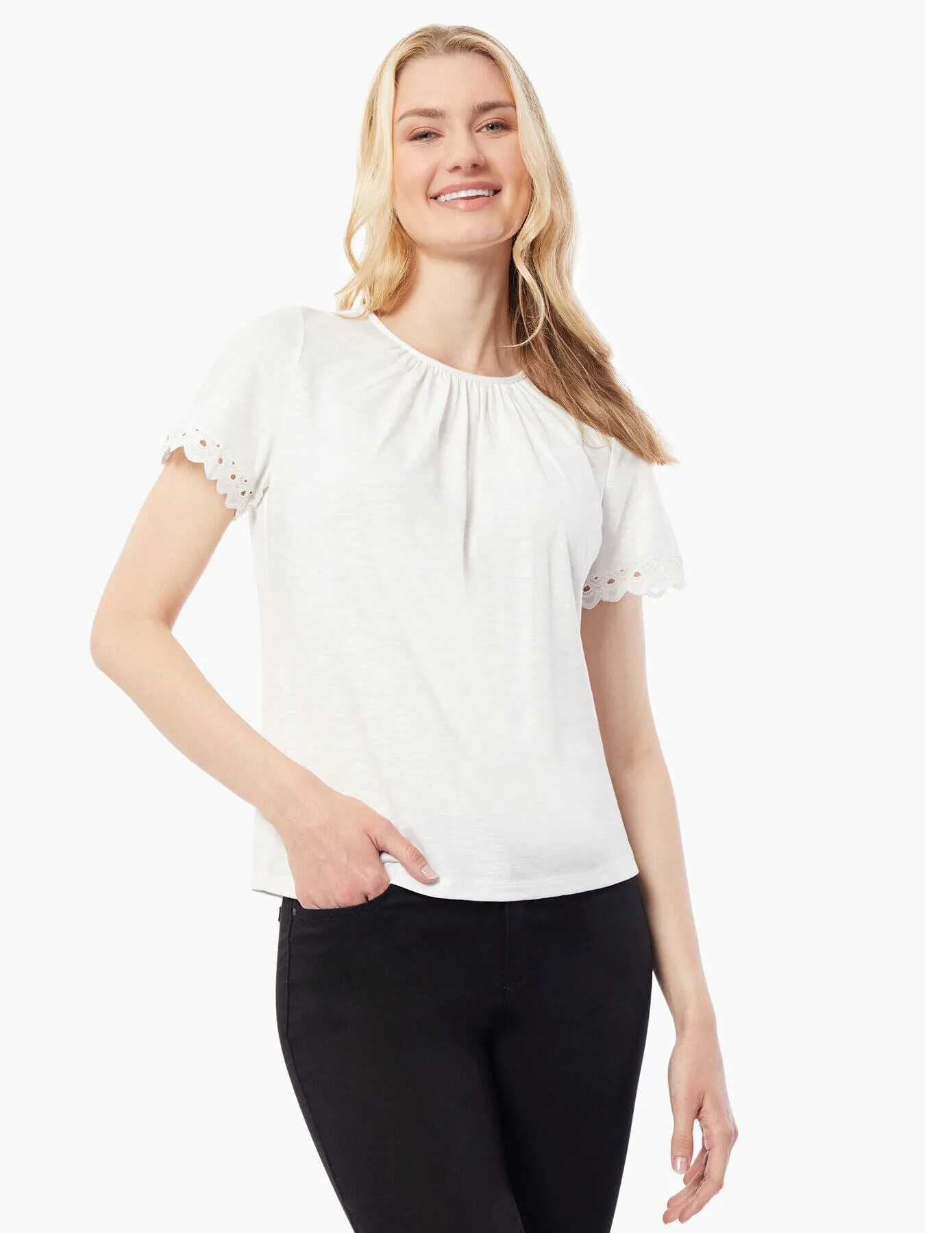 Lace Trim Short Sleeve Slub Knit Top