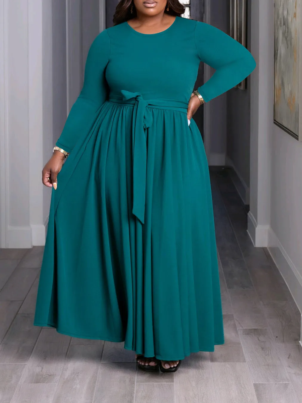 Lace Up Pleated Crew Neck Maxi Dress