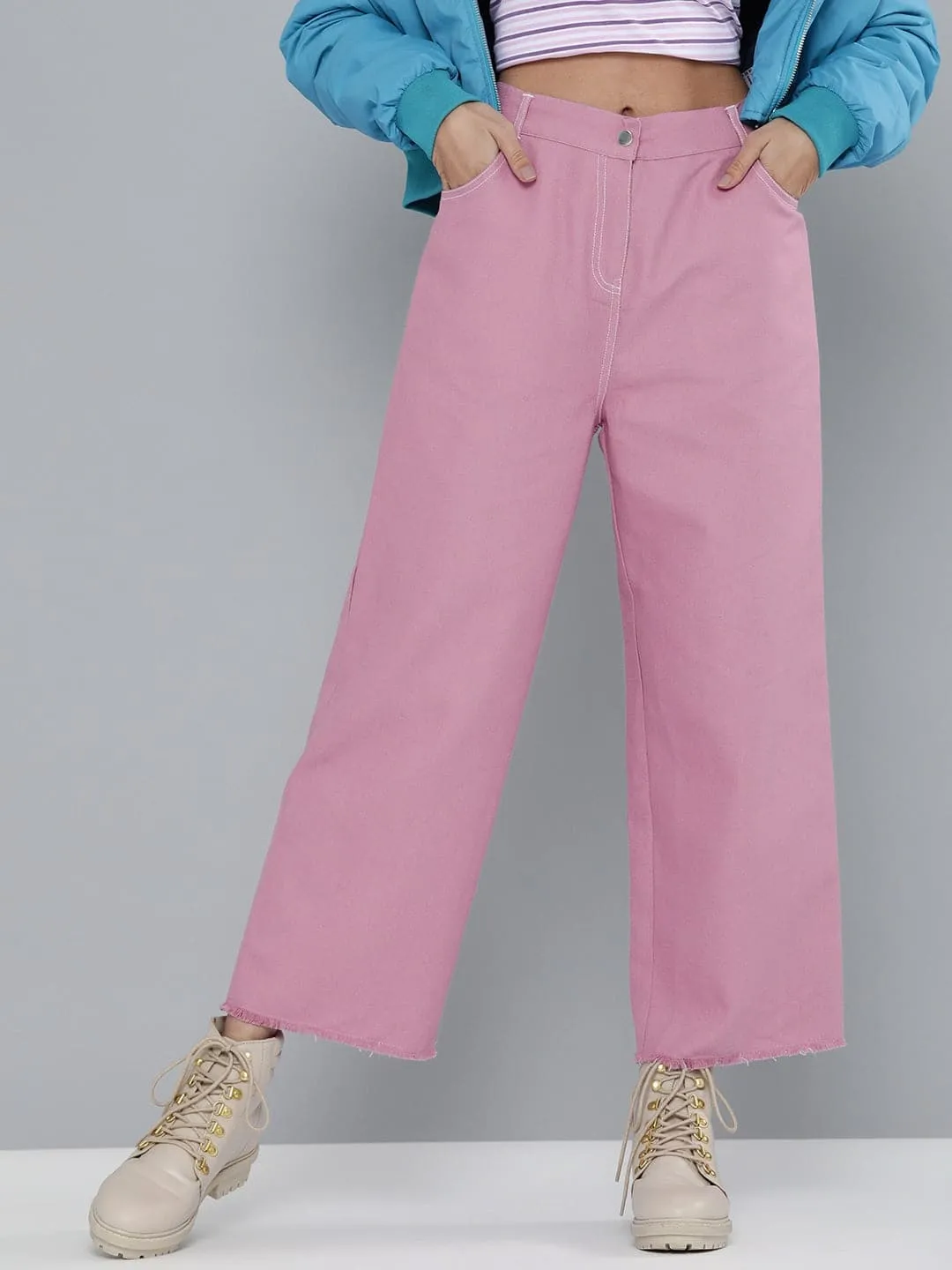 Lavendar Denim Contrast Stitch Wide Pants