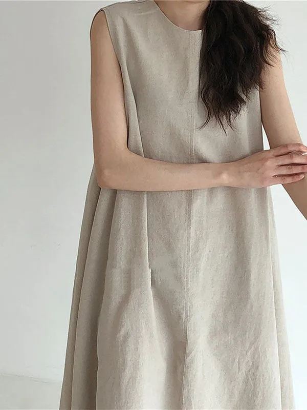 Linen Crew Neck Sleeveless Maxi Dress