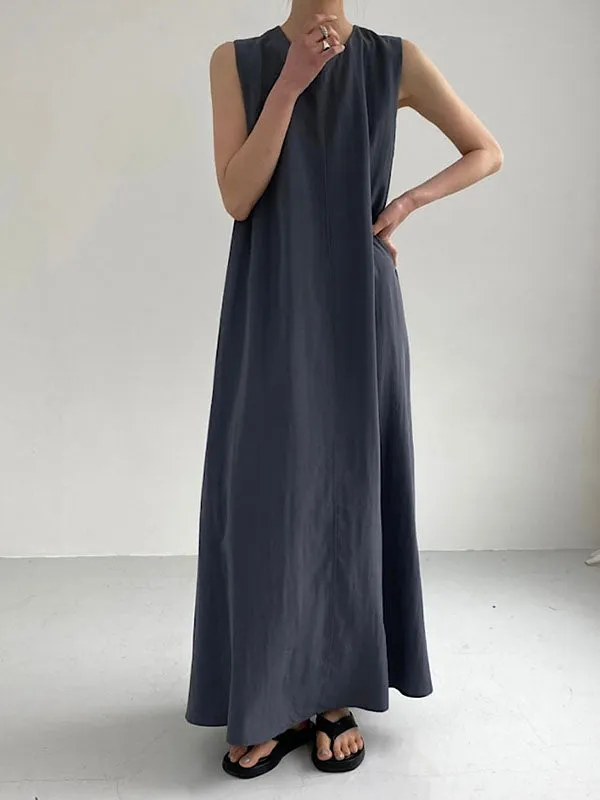 Linen Crew Neck Sleeveless Maxi Dress