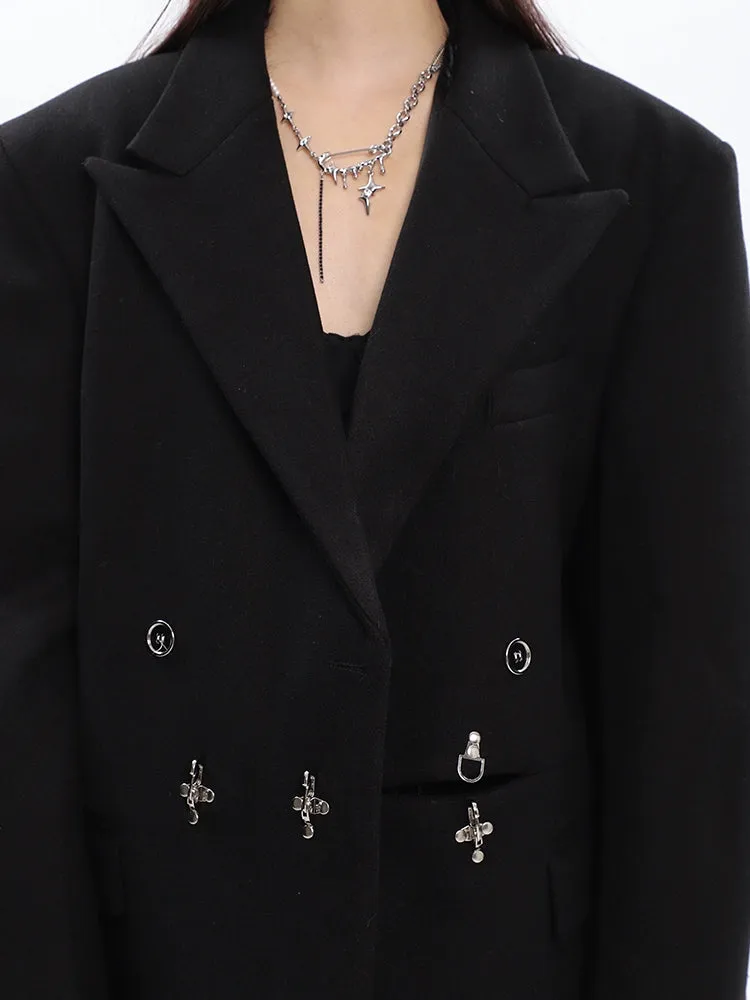 Long Double-Breasted Coat with Silver Accents