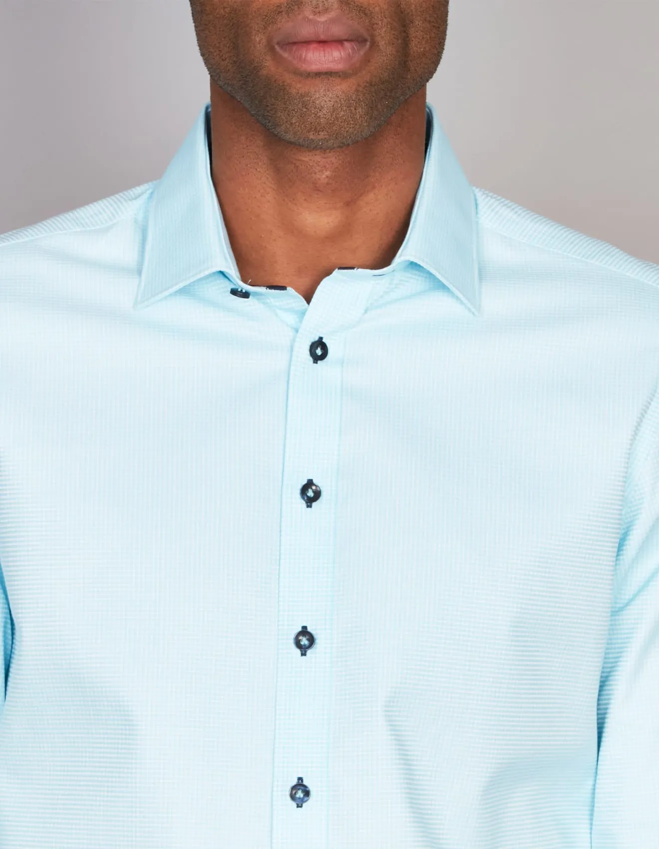 Long Sleeve Business Shirt - Super Fine Micro Check - Azure