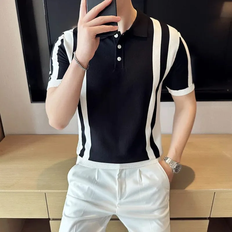 Men's British Style Striped Short Sleeve Polo Shirts: Slim Fit Knitted Causal Business for Summer