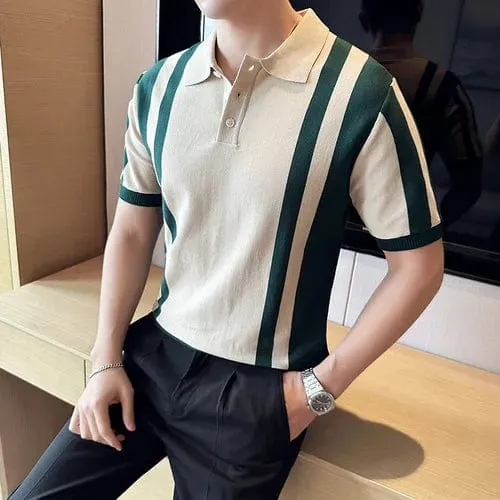 Men's British Style Striped Short Sleeve Polo Shirts: Slim Fit Knitted Causal Business for Summer