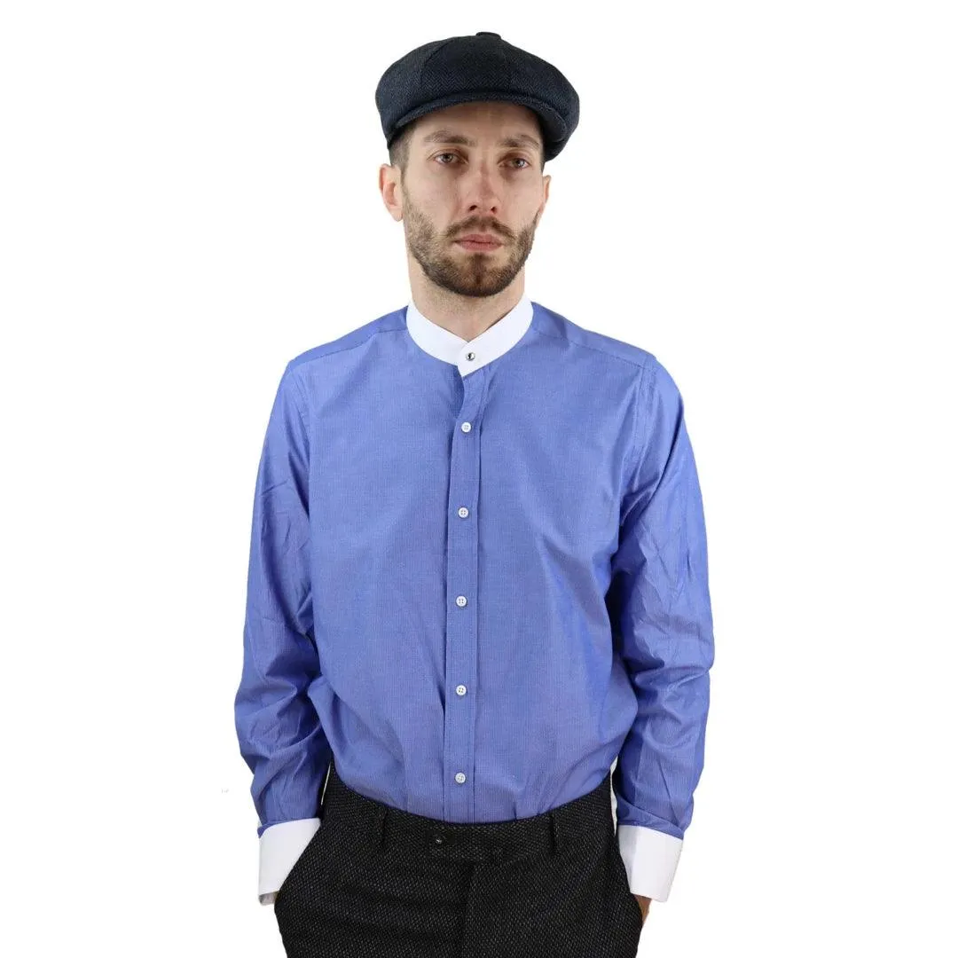 Mens Peaky Blinders Polka Shirt Removable Collar Penny Button Nehru Collarless