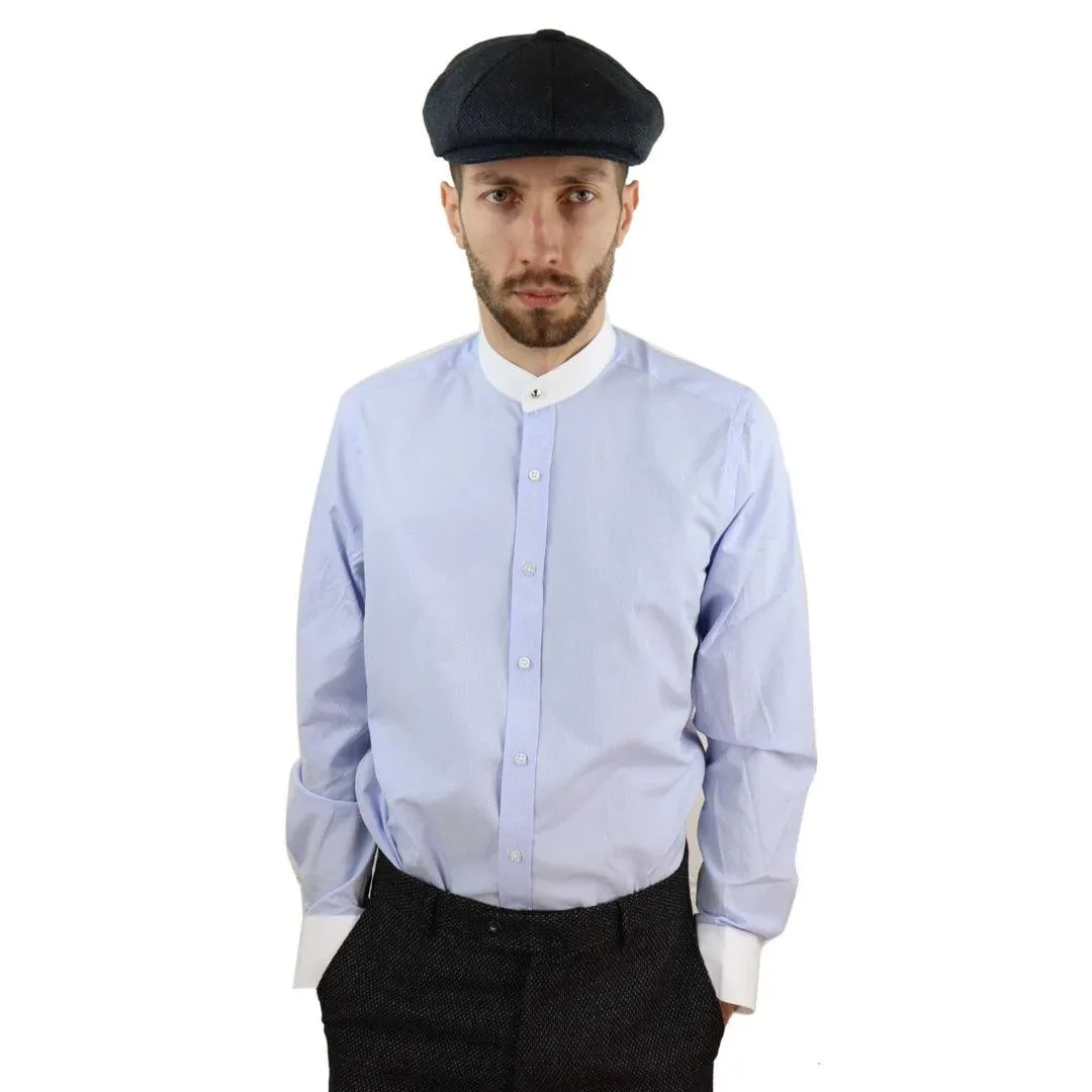 Mens Peaky Blinders Polka Shirt Removable Collar Penny Button Nehru Collarless