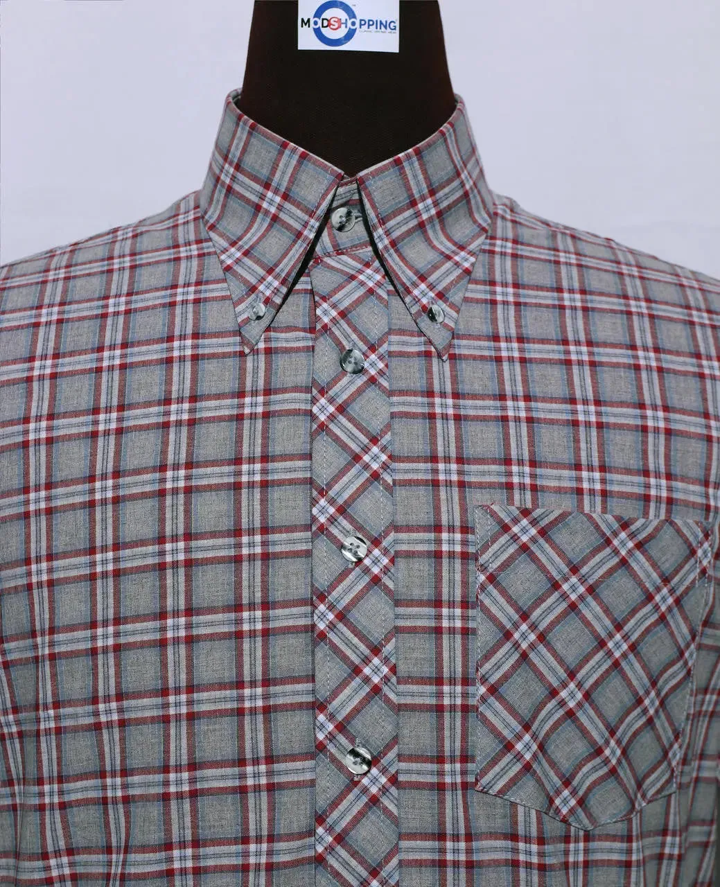 Men's Short Sleeve Grey And Red Plaid Shirt Size M