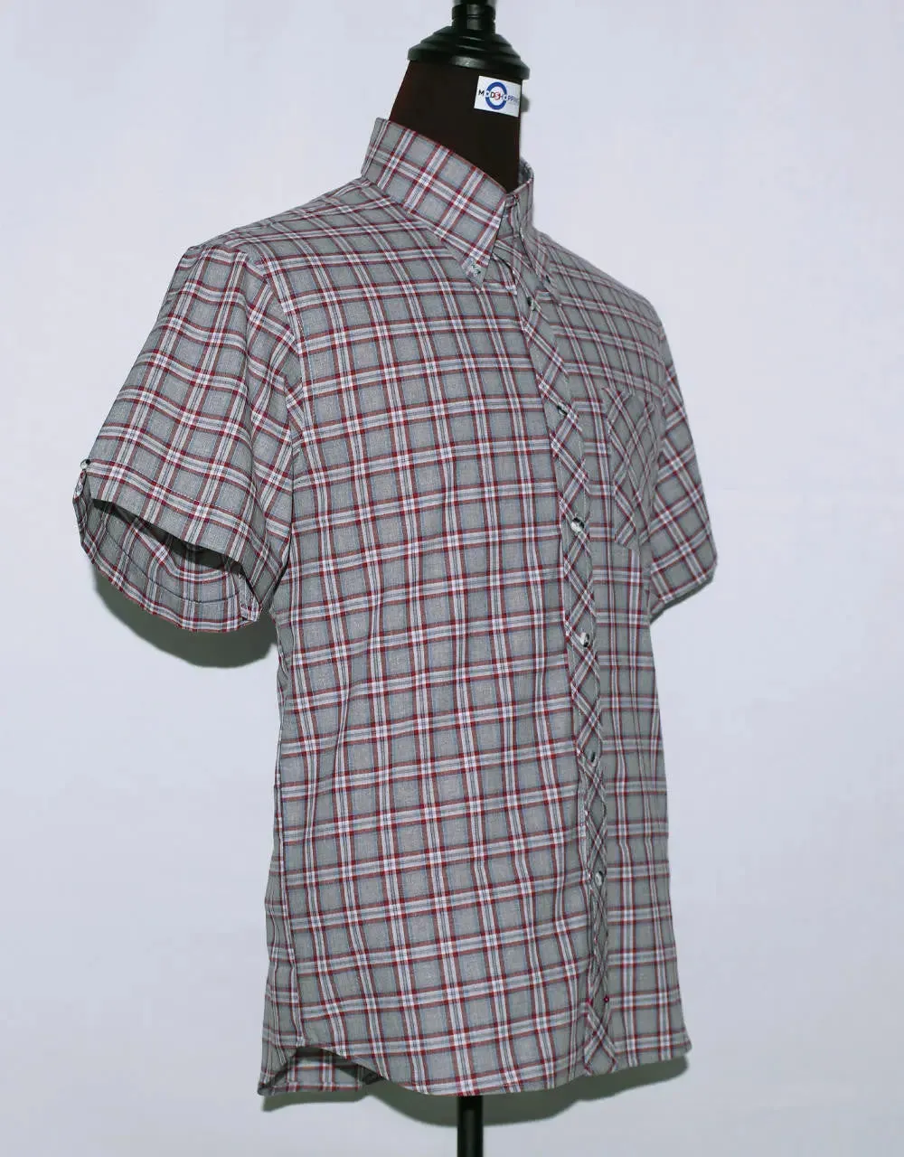 Men's Short Sleeve Grey And Red Plaid Shirt Size M