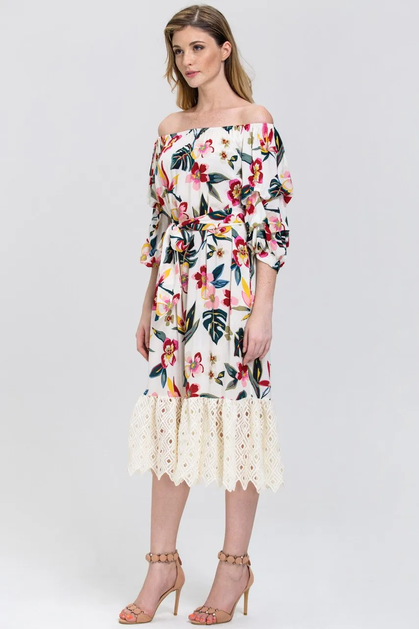 Mina Al Sheikhly - Floral Print Heavy Lace Skirt Trim Midi Dress