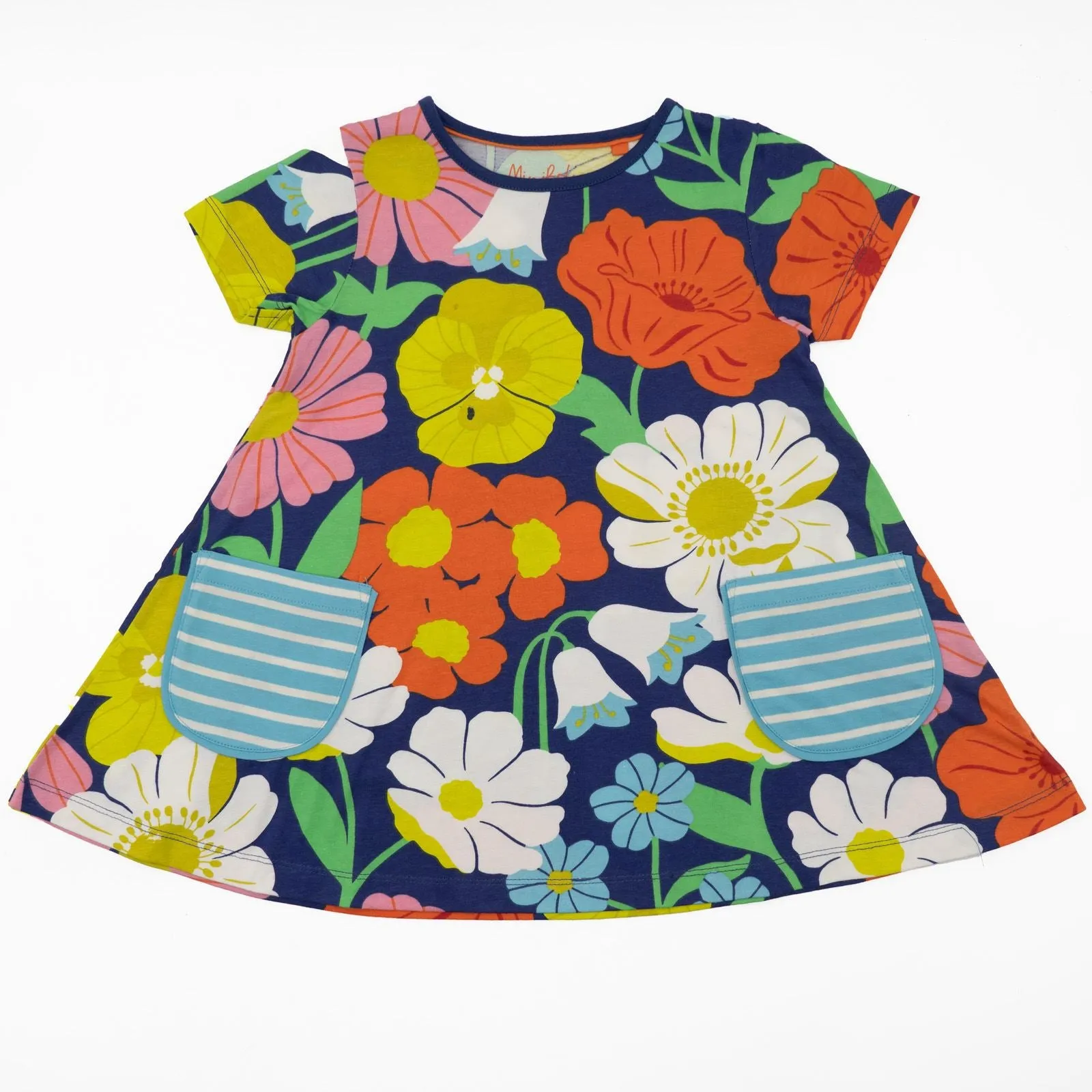 Mini Boden Girls Blue Floral Summer Cotton Jersey Short Sleeve Pockets Dresses