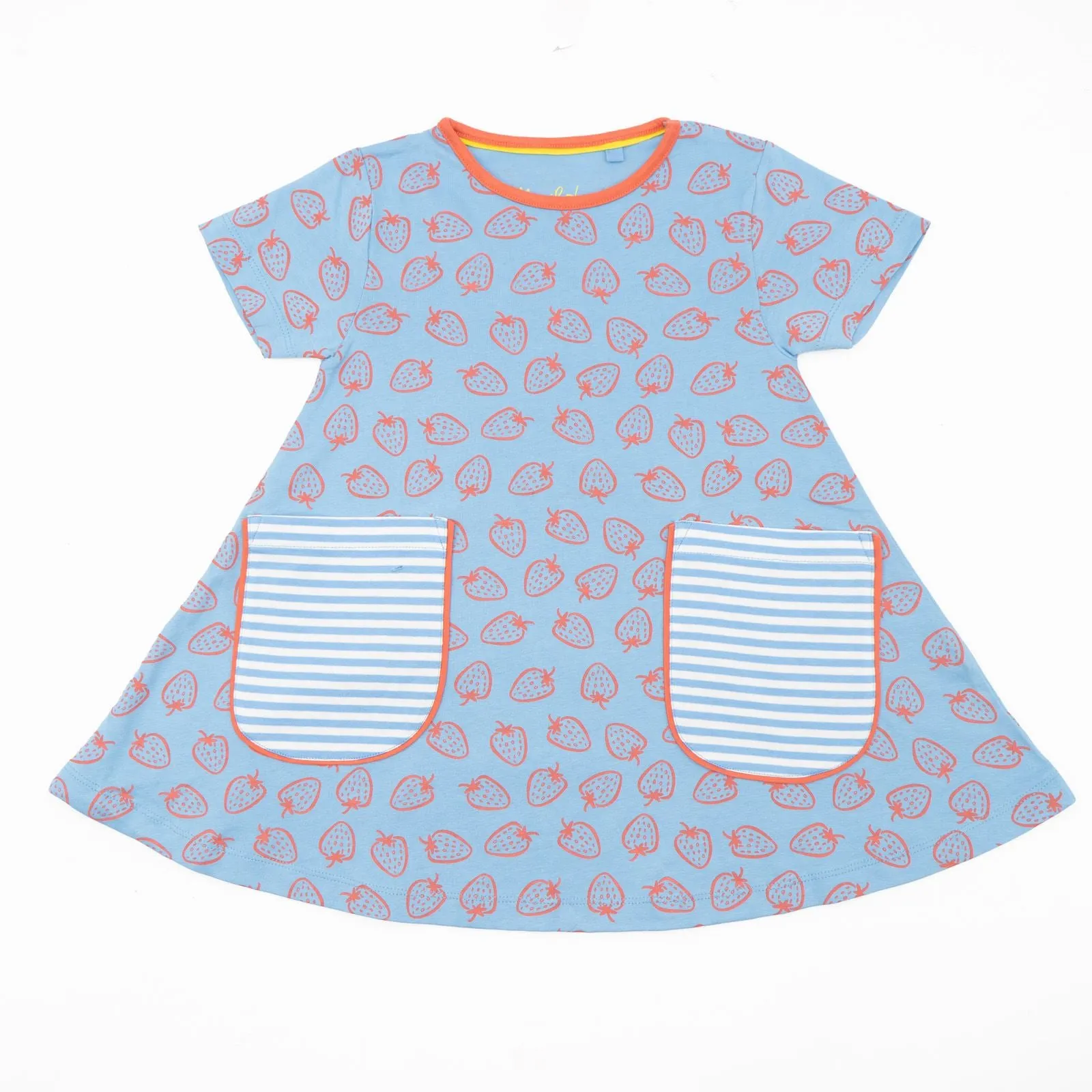 Mini Boden Girls Blue Strawberry Print Cotton Jersey Short Sleeve Dresses