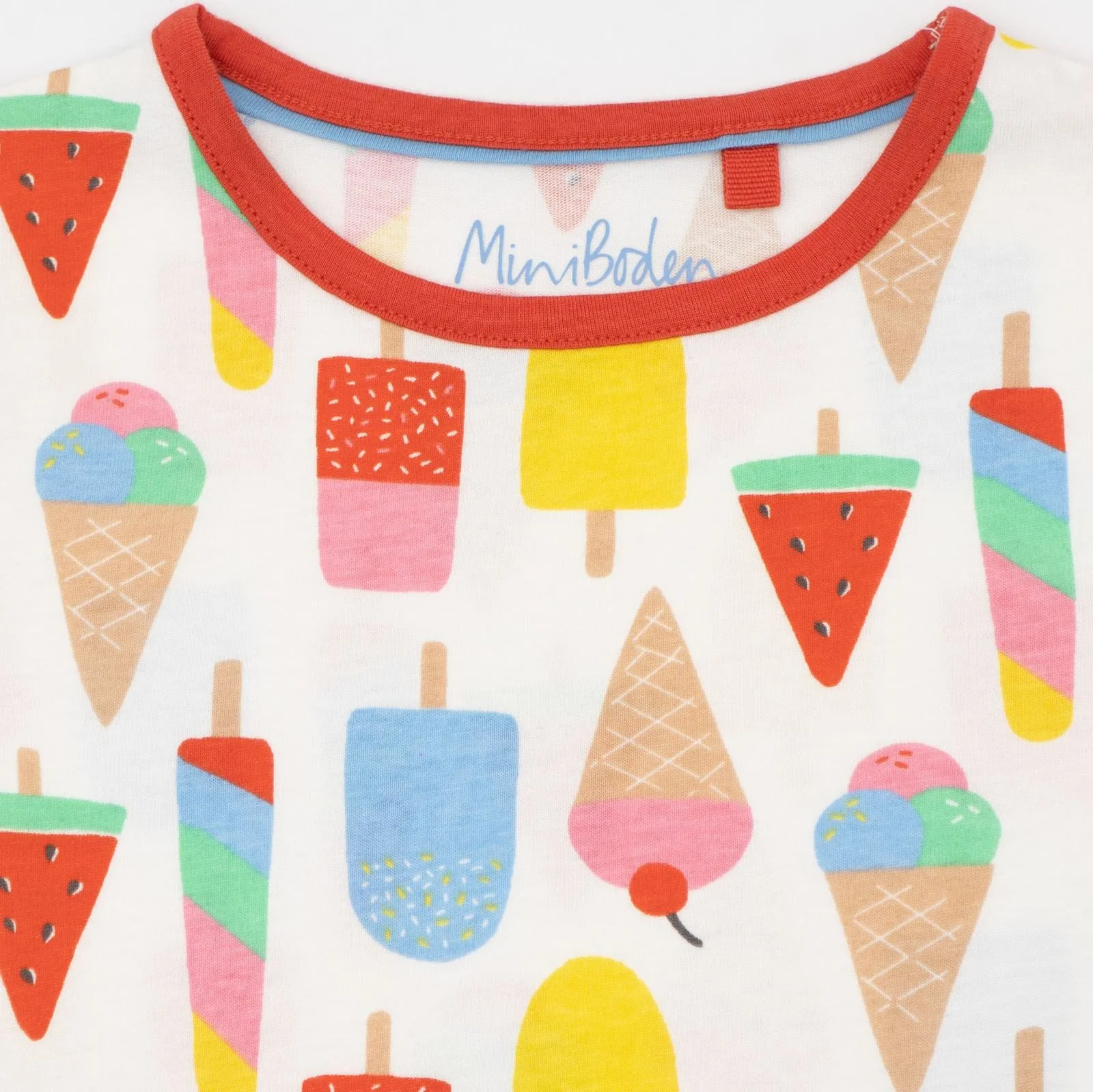 Mini Boden Girls White Summer Lollies Print Cotton Jersey Short Sleeve Pockets Dresses