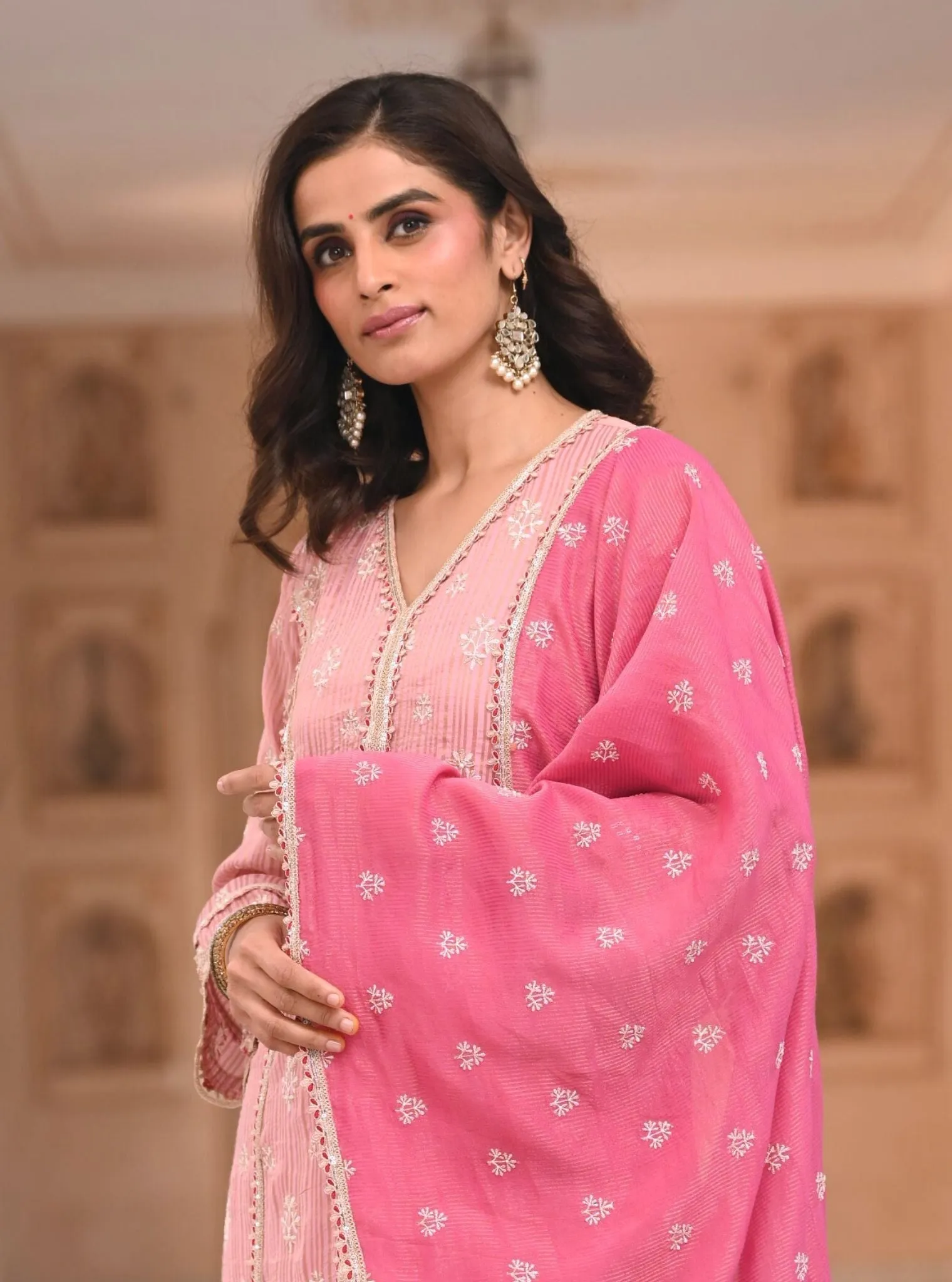 Mulmul Banarsi Gerua Pink Kurta with Mulmul Banarsi Gerua Pink Pant