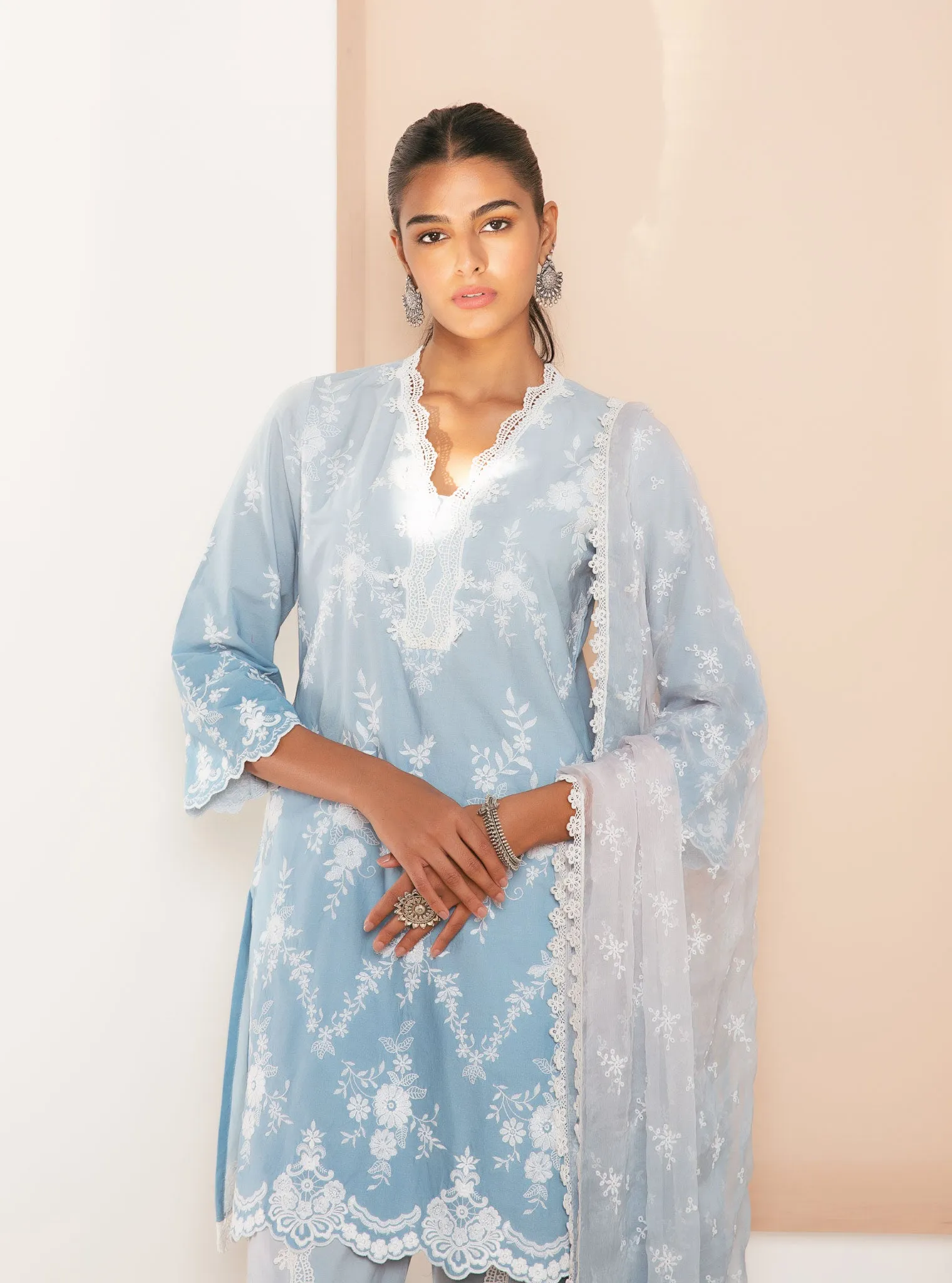 Mulmul Cotton Atrai Blue Kurta With Atrai Blue Dhoti Pant