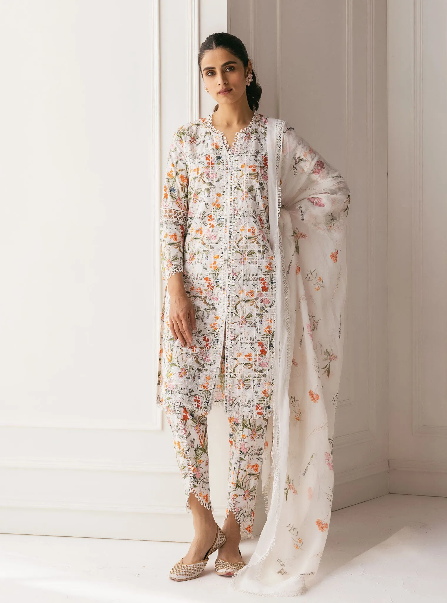 Mulmul Cotton Corelli White Kurta With Corelli White Dhoti Pant