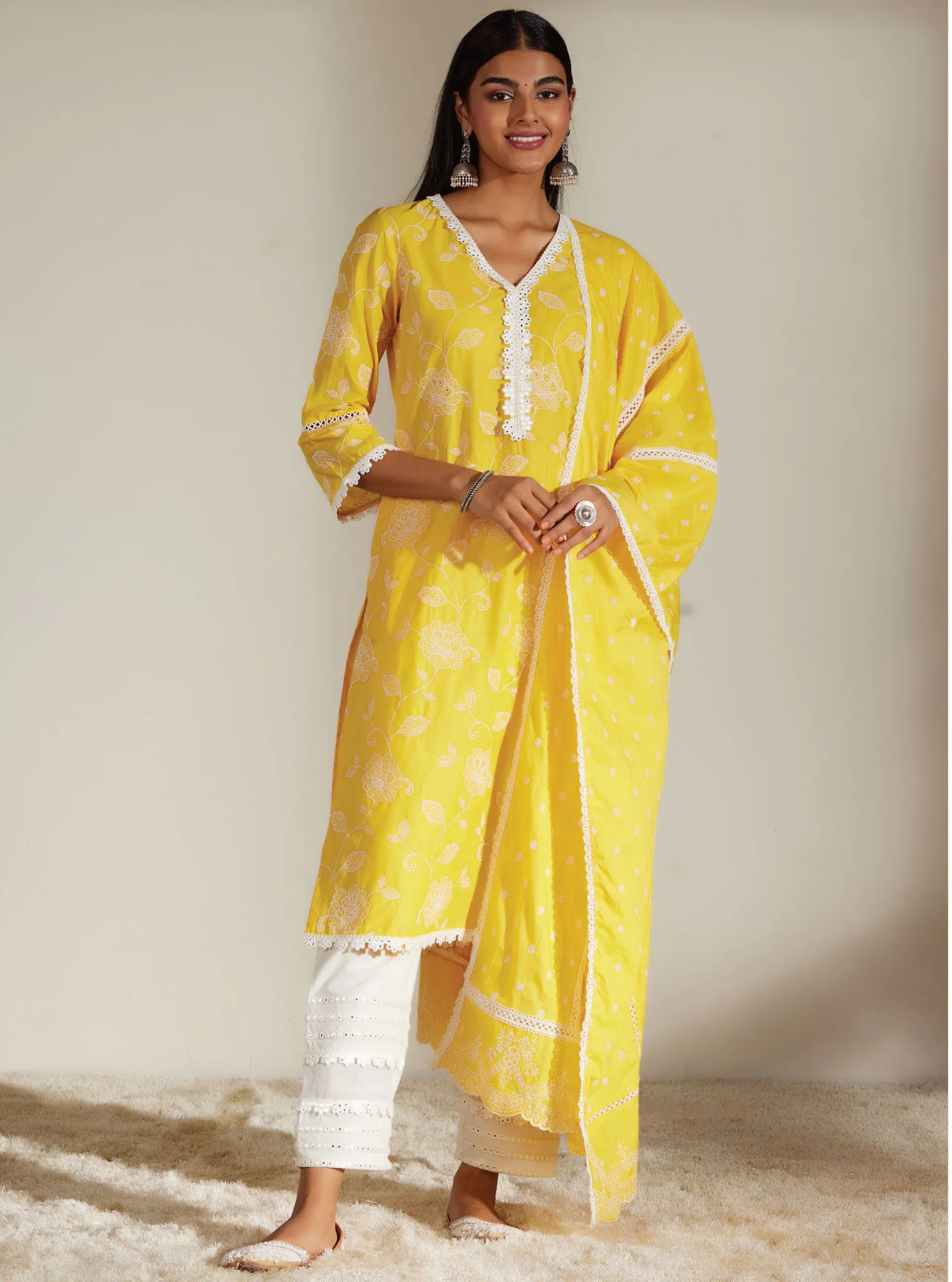 Mulmul Cotton Ezra Mango Kurta With Mulmul Cotton Mirror Gota White Pant