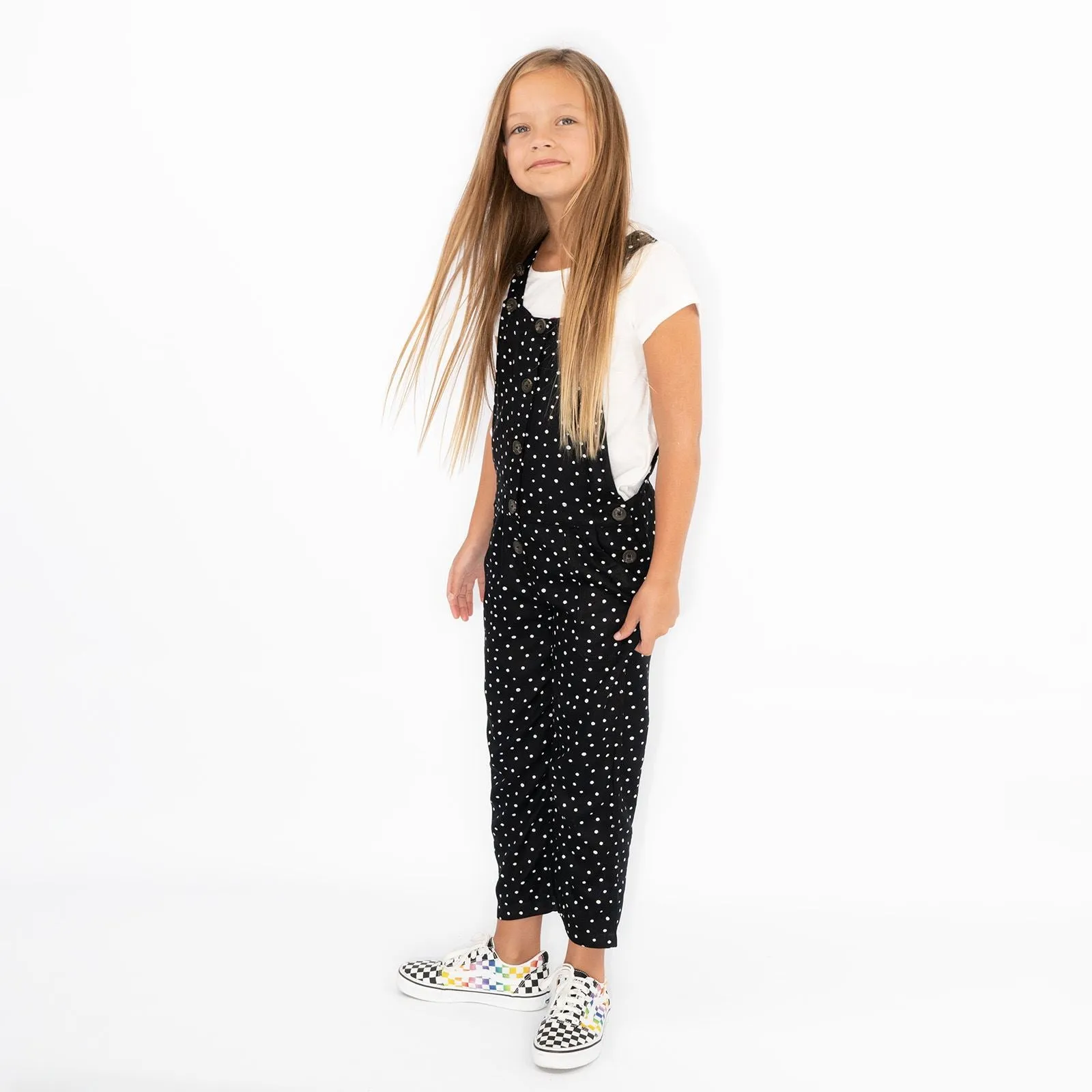 Next Girls Dungaree Black White Polka Dot Viscose Lightweight Dungarees