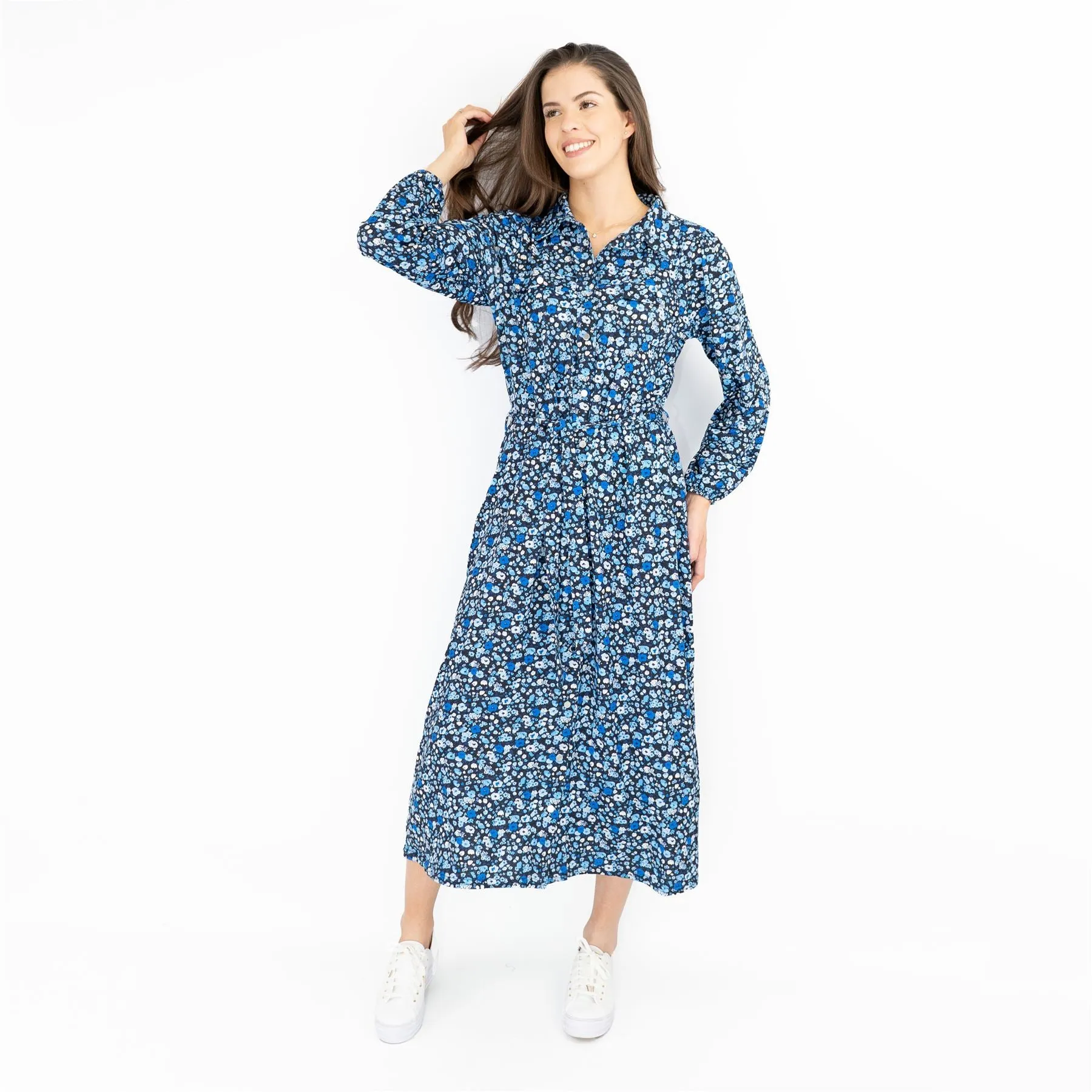 Oasis Black Dress with Blue Floral Print Long Sleeve Midi Shirt Dresses