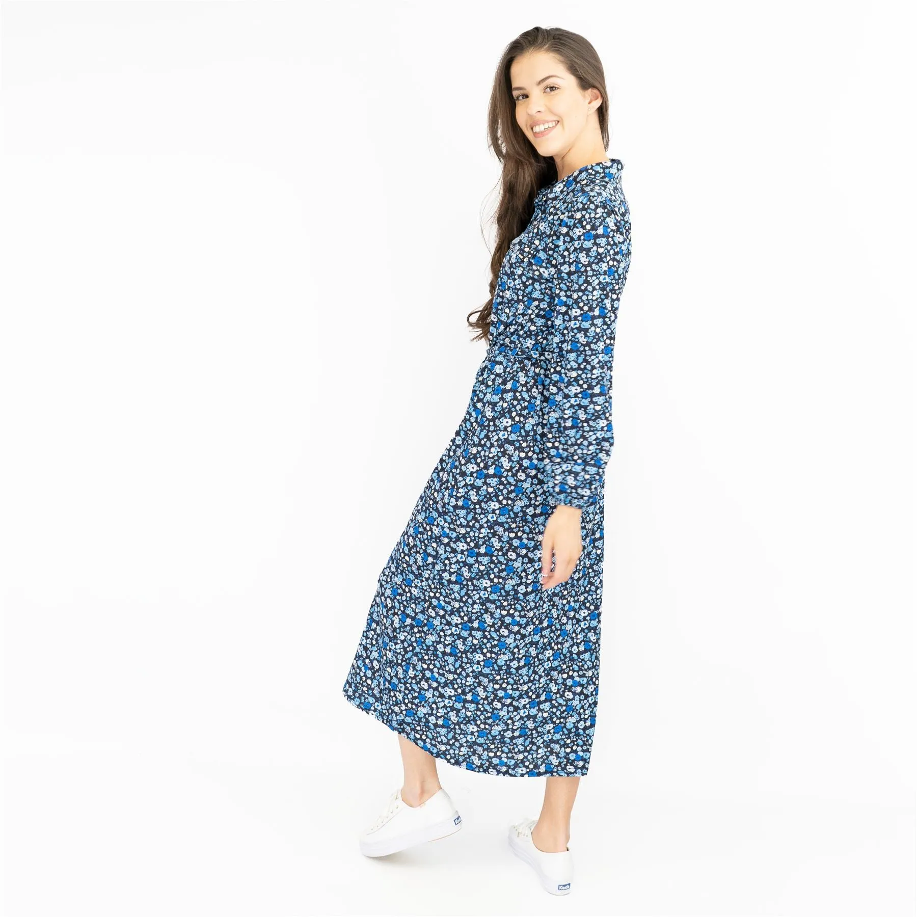 Oasis Black Dress with Blue Floral Print Long Sleeve Midi Shirt Dresses