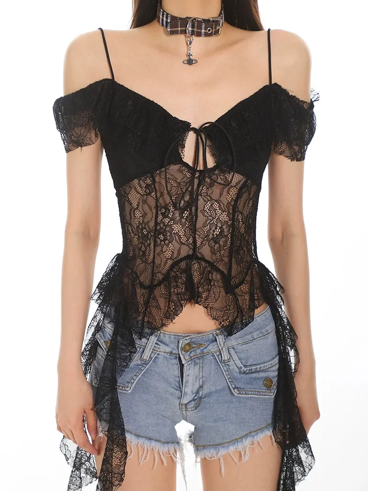 Off-Shoulder Lace Sheer Crop Top with Tassel Details