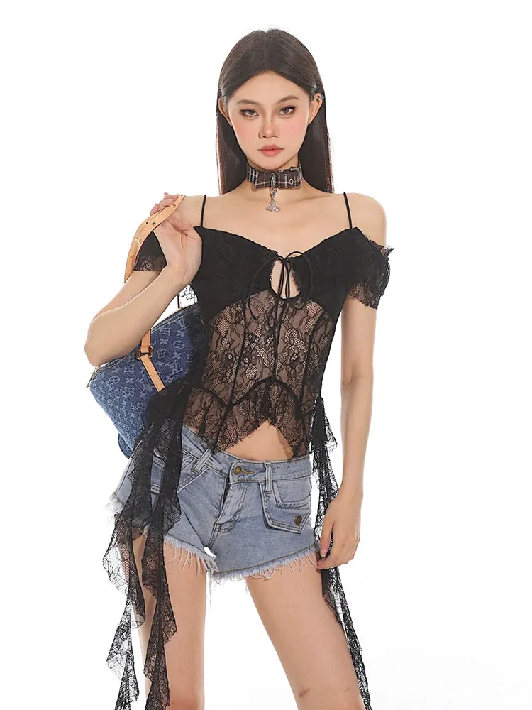 Off-Shoulder Lace Sheer Crop Top with Tassel Details