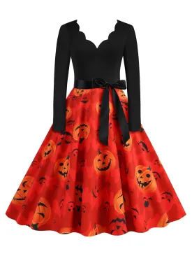 Orange Red 1950s Halloween Petal Neck Pumpkin Dress