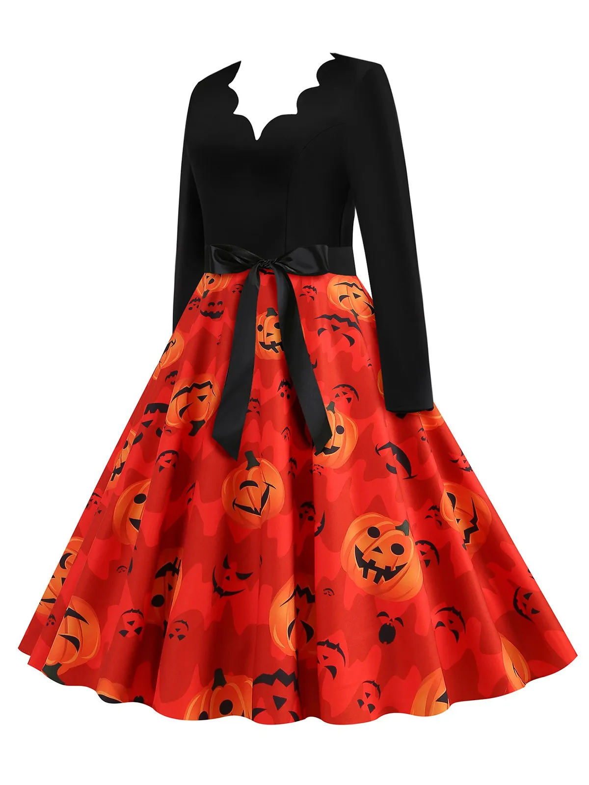 Orange Red 1950s Halloween Petal Neck Pumpkin Dress