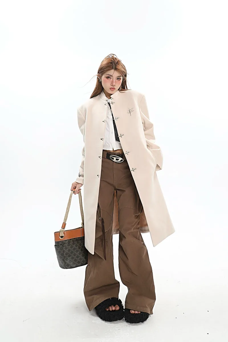 Oversized Boxy Faux-Wool Coat with Silver Clasp Buckles