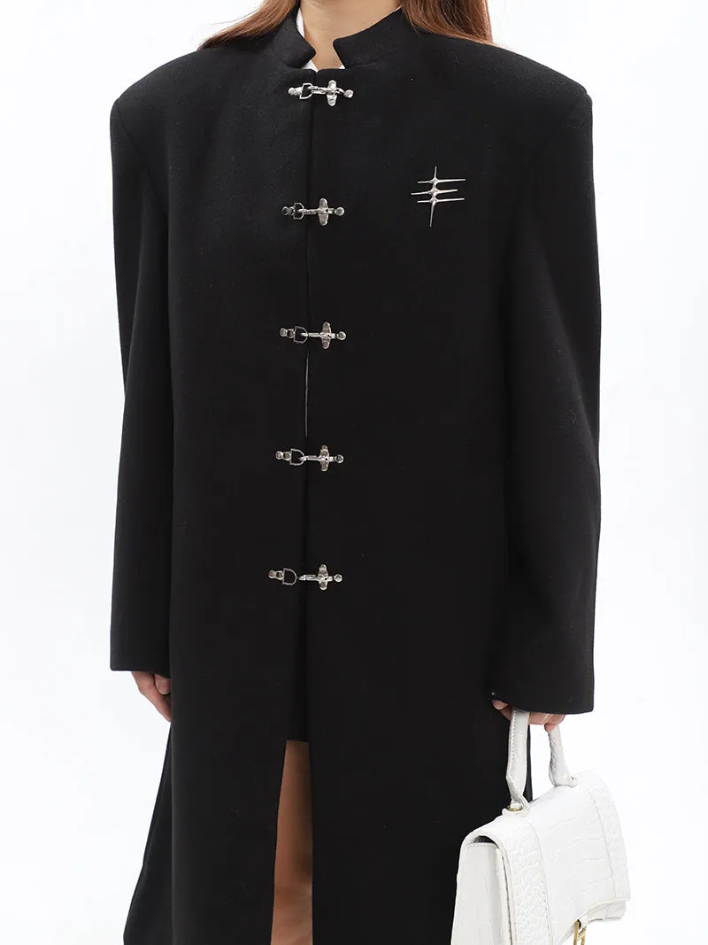 Oversized Boxy Faux-Wool Coat with Silver Clasp Buckles