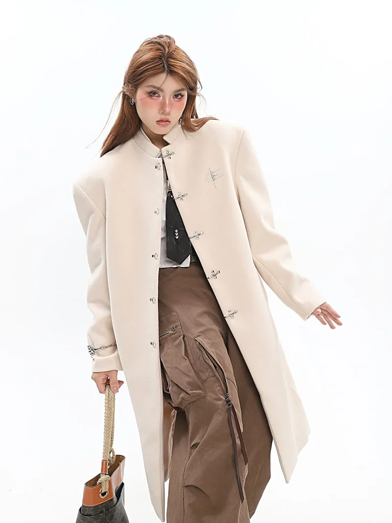 Oversized Boxy Faux-Wool Coat with Silver Clasp Buckles