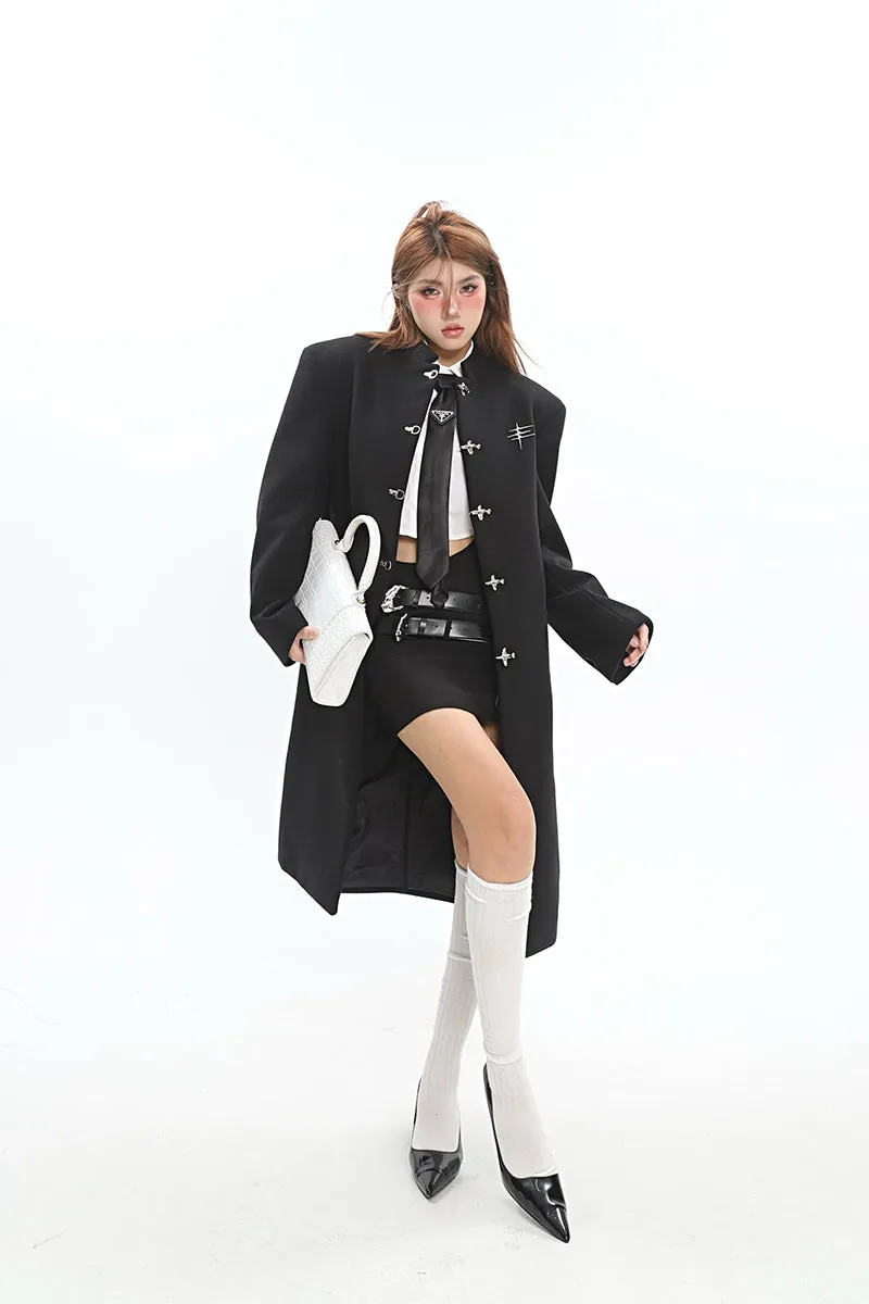 Oversized Boxy Faux-Wool Coat with Silver Clasp Buckles