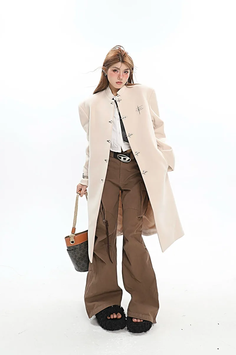 Oversized Boxy Faux-Wool Coat with Silver Clasp Buckles