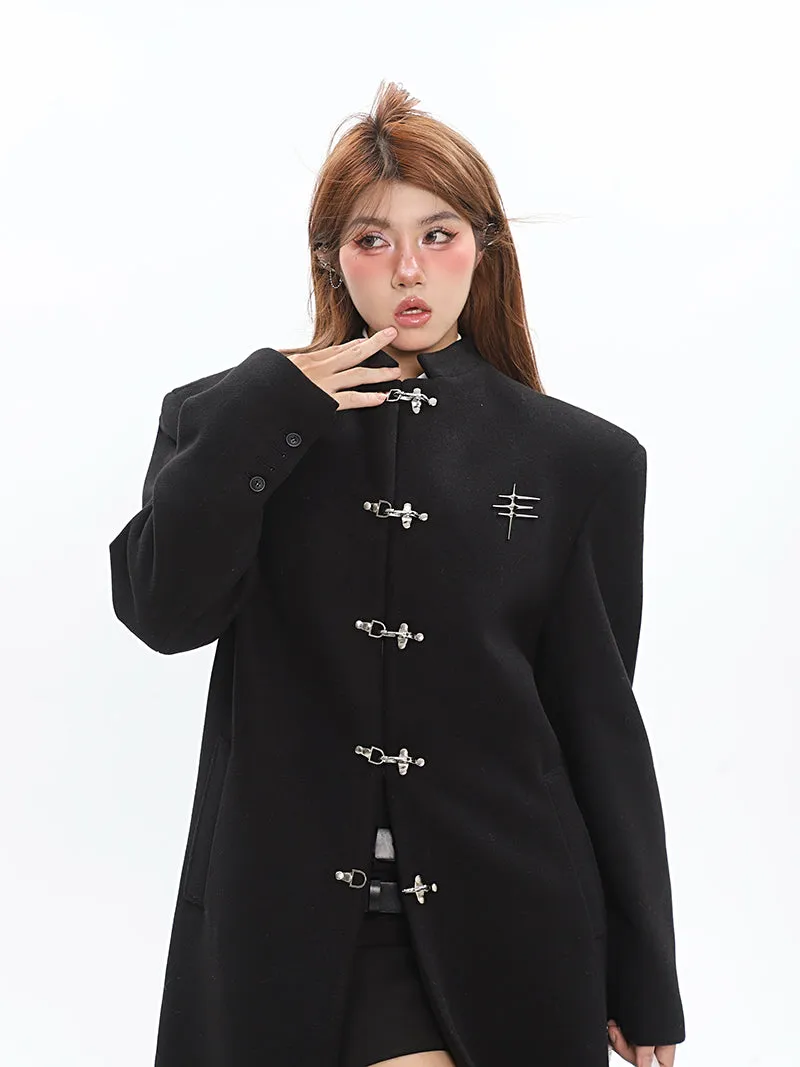 Oversized Boxy Faux-Wool Coat with Silver Clasp Buckles