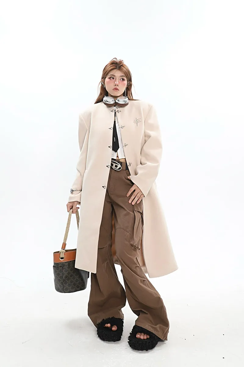 Oversized Boxy Faux-Wool Coat with Silver Clasp Buckles