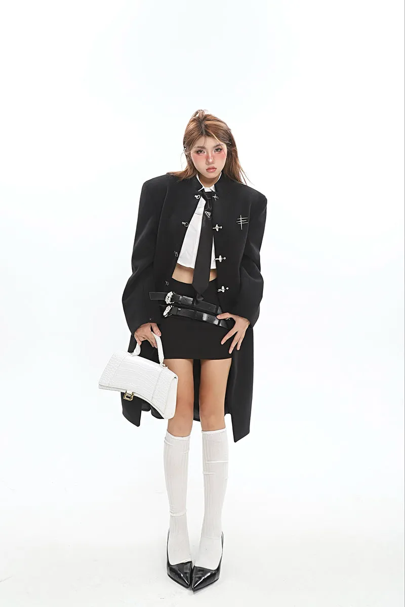 Oversized Boxy Faux-Wool Coat with Silver Clasp Buckles