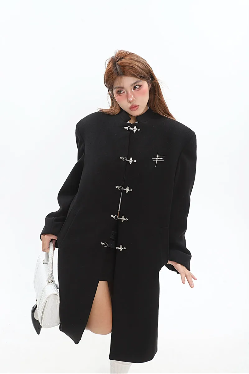 Oversized Boxy Faux-Wool Coat with Silver Clasp Buckles