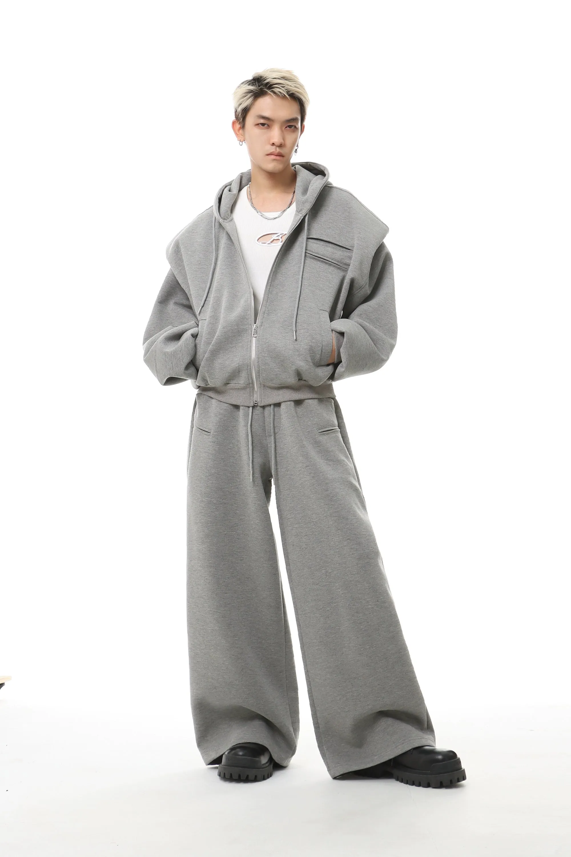 Oversized Cropped Zip Hoodie and Wide-Leg Sweatpant Tracksuit Set