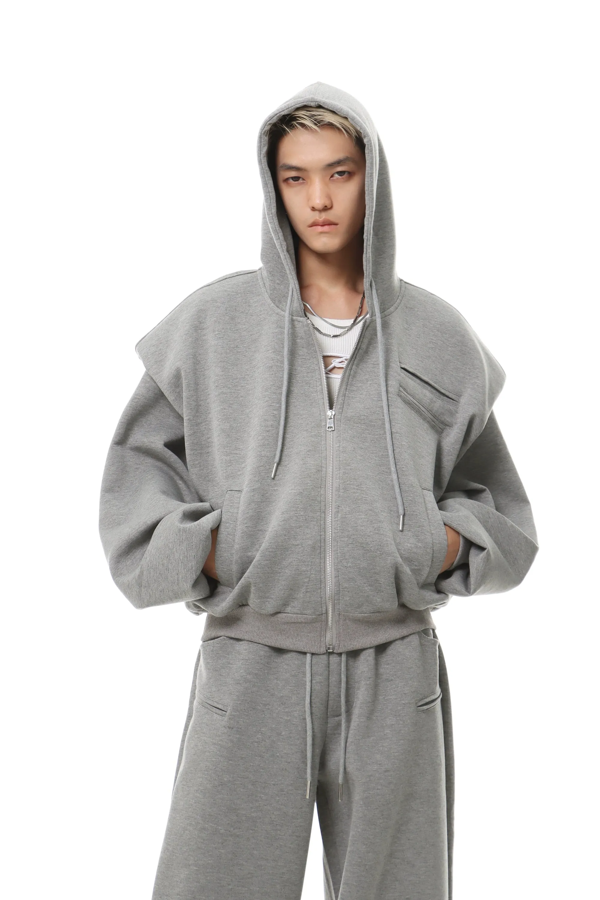 Oversized Cropped Zip Hoodie and Wide-Leg Sweatpant Tracksuit Set