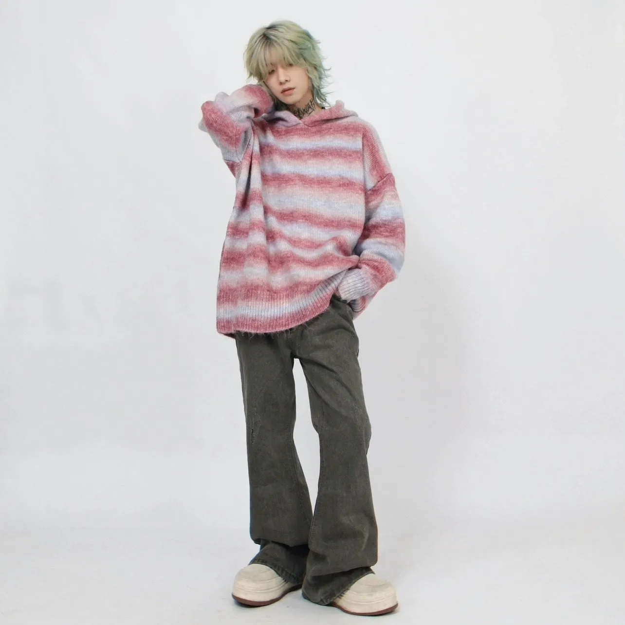 Oversized Pastel Striped Ribbed Hem Hoodie Sweater